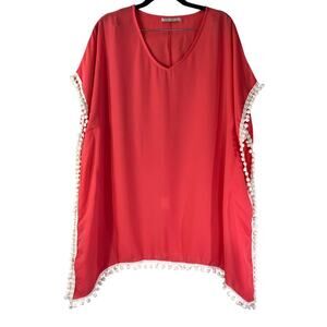Adreamly Red Chiffon White Tassel Kaftan Beach Cover Up Size Small